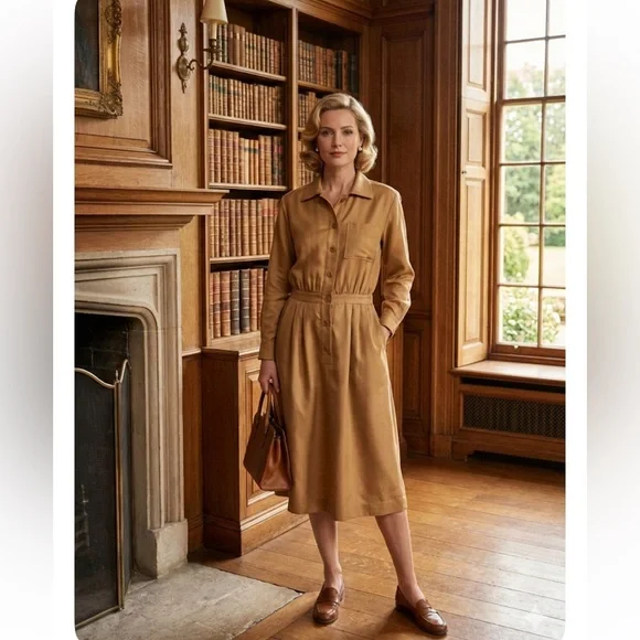 Vintage YSL Rive Gauche Tan Raw Silk Shirt Dress FR 42 US 8/10 - Picture 2 of 15